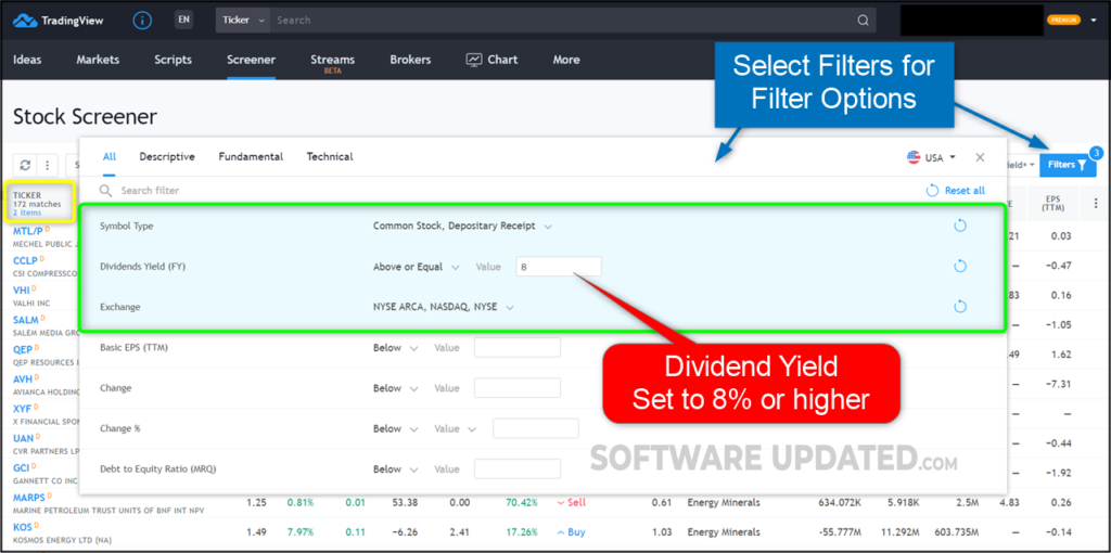 dividend stock screener - Filters