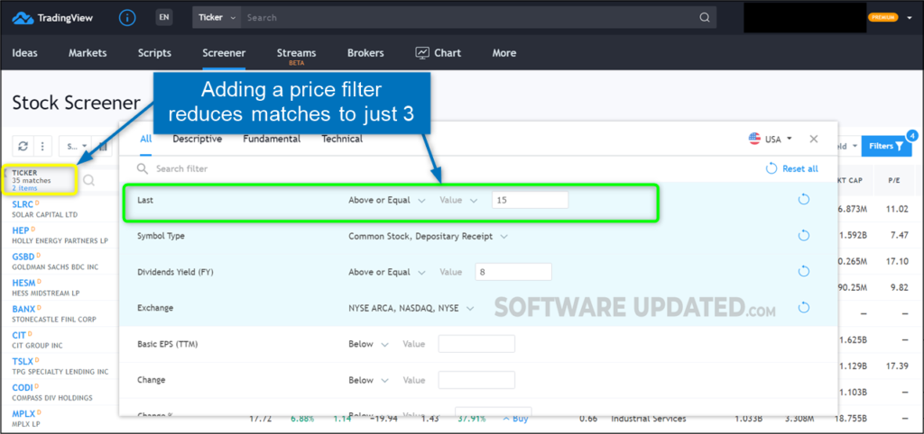 dividend stock screener - price filter