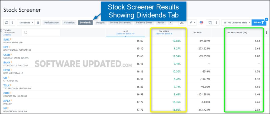 dividend stock screener - results