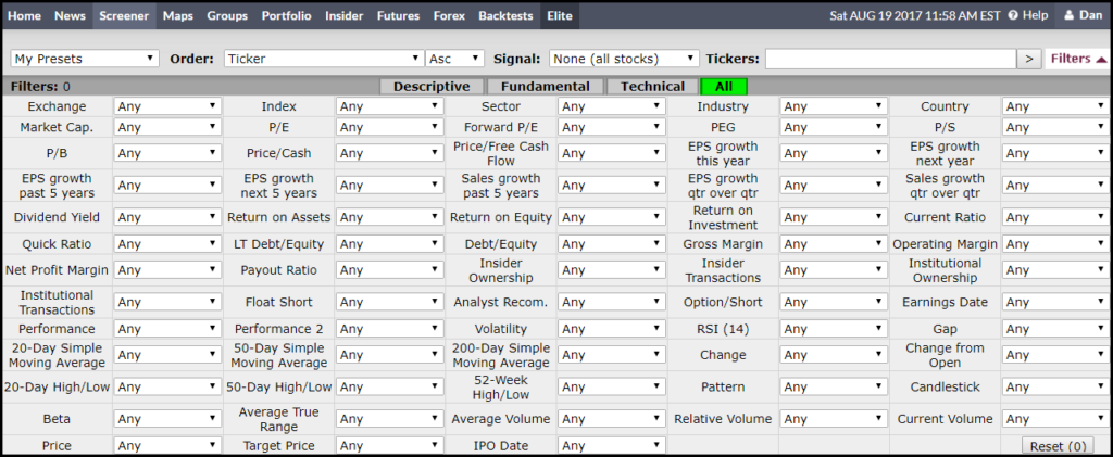 finviz elite screener page