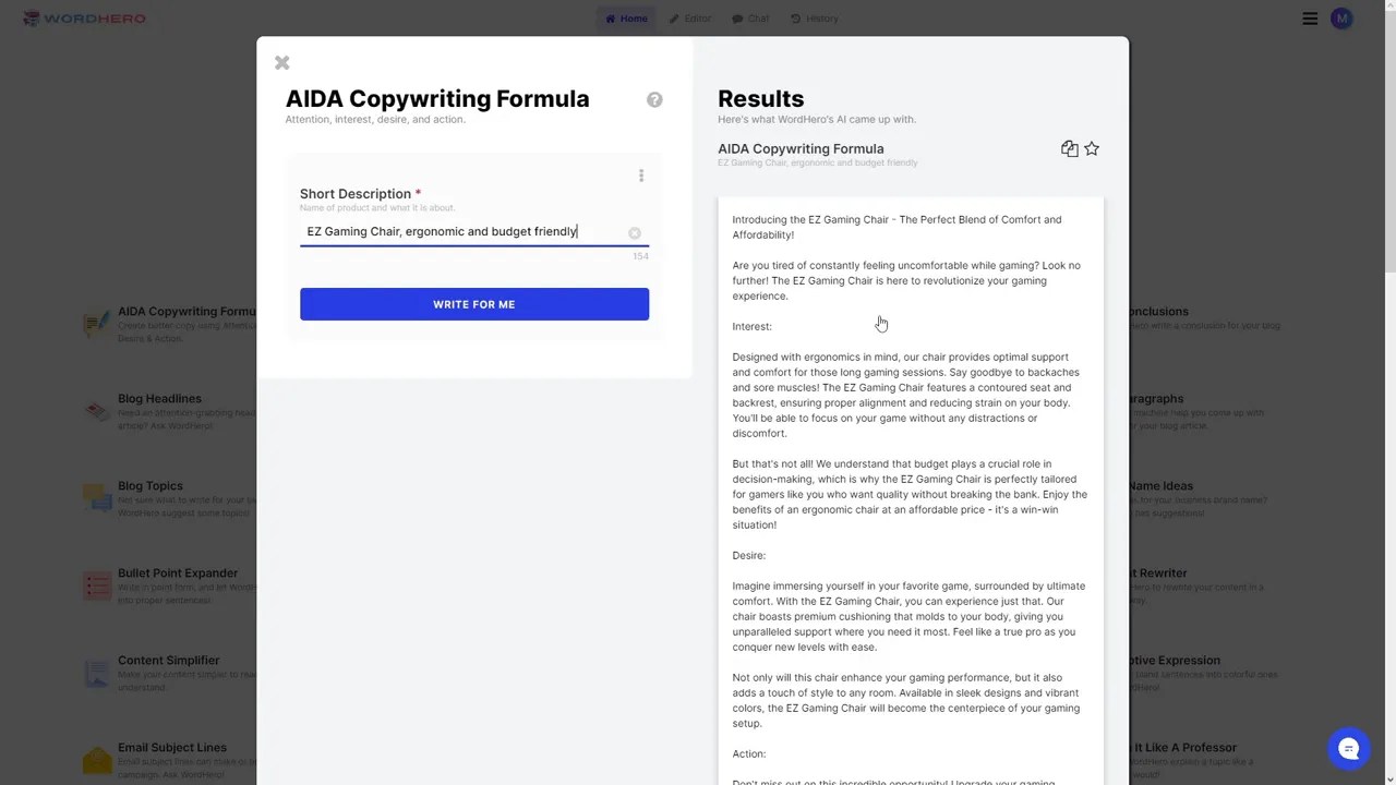 wordhero AIDA copywriting formula result