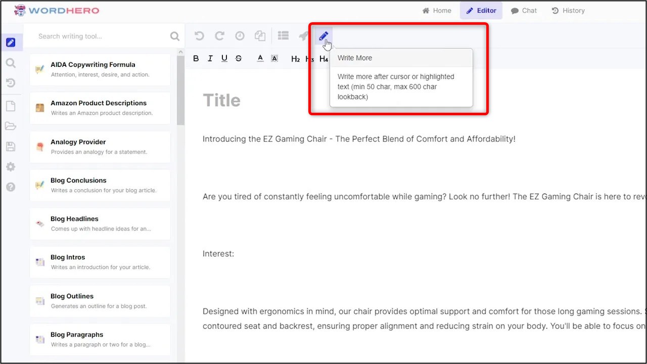 wordhero write more function